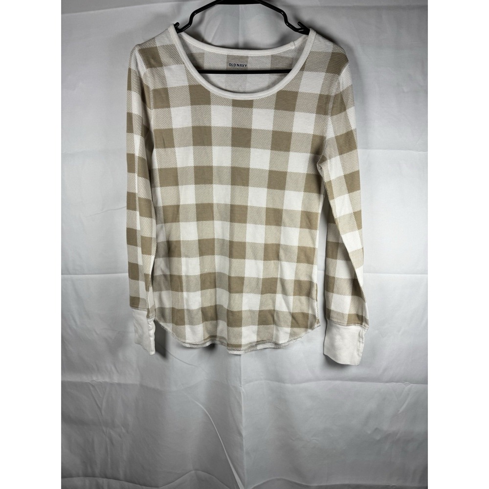 Old Navy Womens Tan White Buffalo Plaid Thermal Waffle Knit Long‎ Sleeve Top M